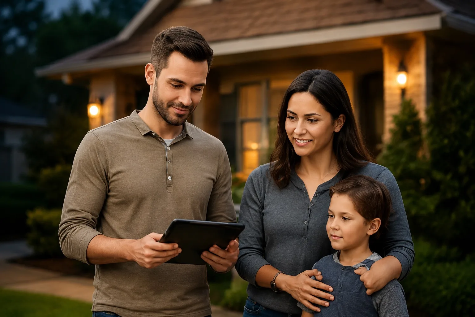 Family reviewing information on tablet outside their home