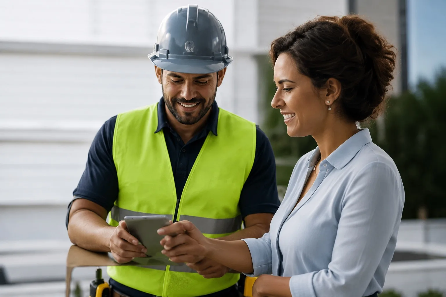 Contractor with hardhat reviewing information with homeowner